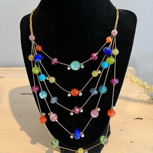 Vintage 5 Strand Multicolored Glass Bead Gold Tone Adjustable Necklace